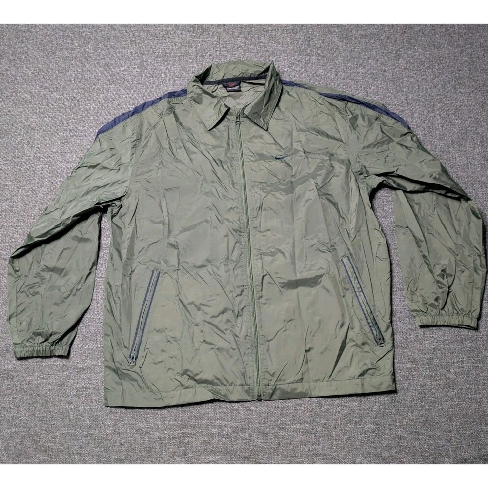 Vintage Y2K Nike Windbreaker Olive Green Swoosh Logo Zip Jacket Mens Medium Coat
